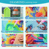 Six steps showing how to paint a diamond picture of a Highland cow with a flower wreath