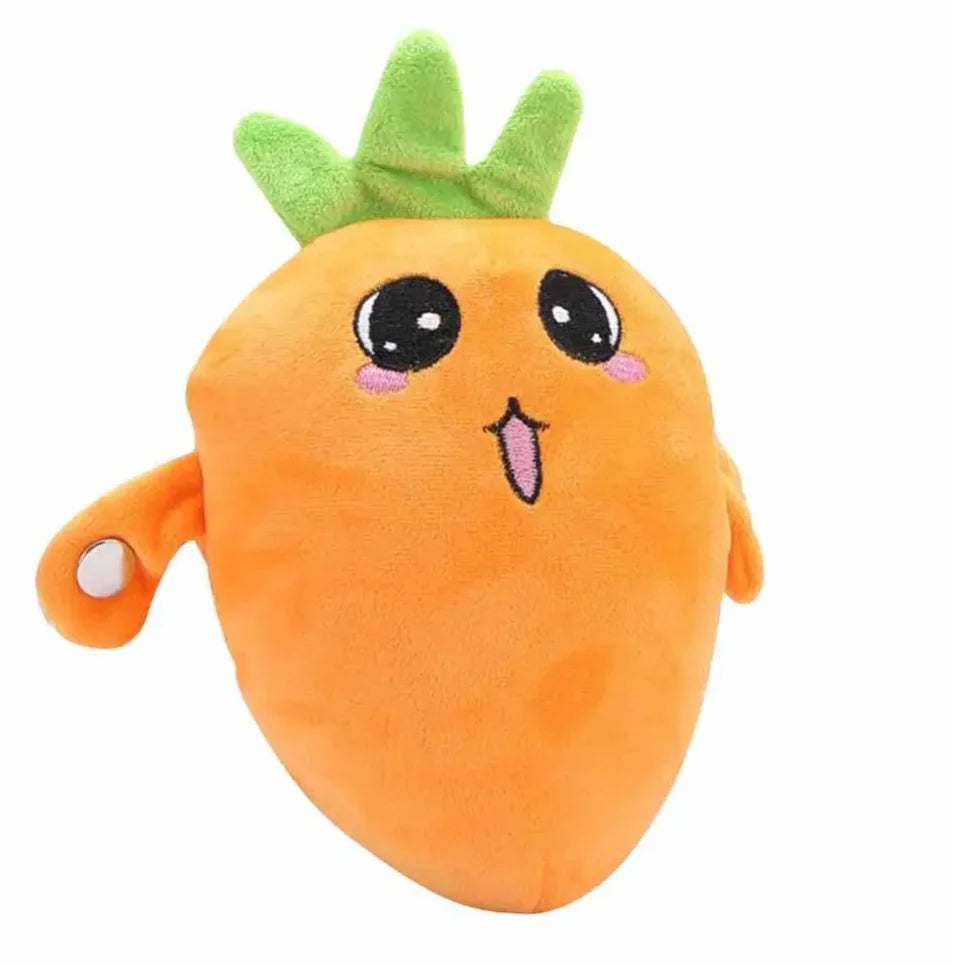 An orange carrot plush toy with green leafy top and cute facial features.
