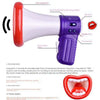 A purple megaphone toy with a red rim, showing various buttons and features for voice changing and recording.