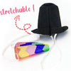 Black stretchy hat with a colorful fabric band attached, demonstrating stretchability.