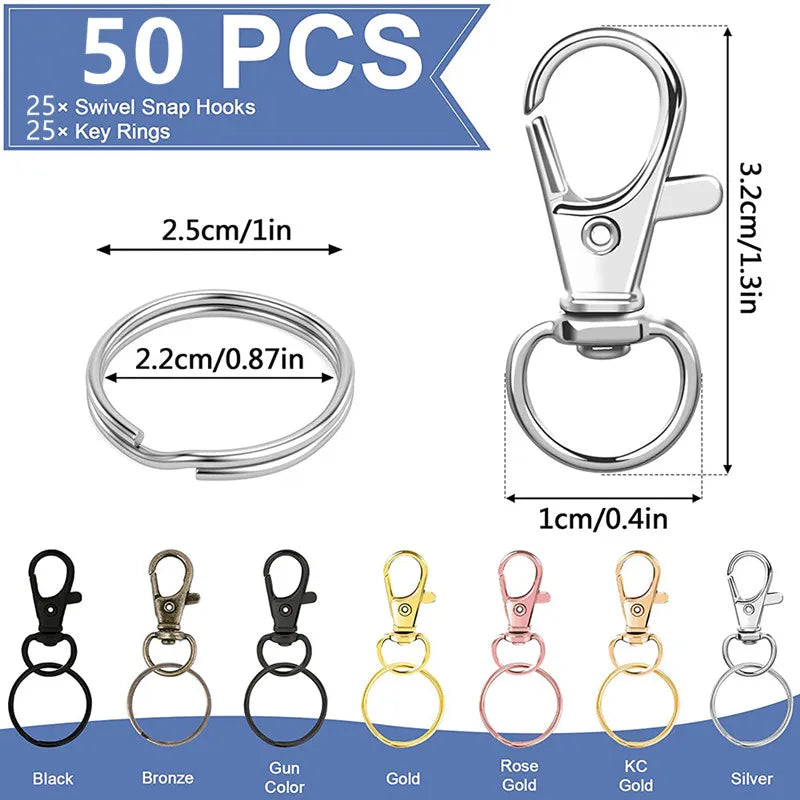 A set of metal swivel snap hooks and key rings in various colors including black, bronze, gun color, gold, rose gold, KC gold