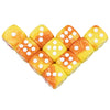 A set of ten acrylic D6 dice in various shades of yellow and orange with white dots.