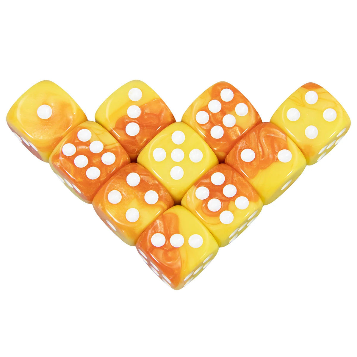 A set of ten acrylic D6 dice in various shades of yellow and orange with white dots.