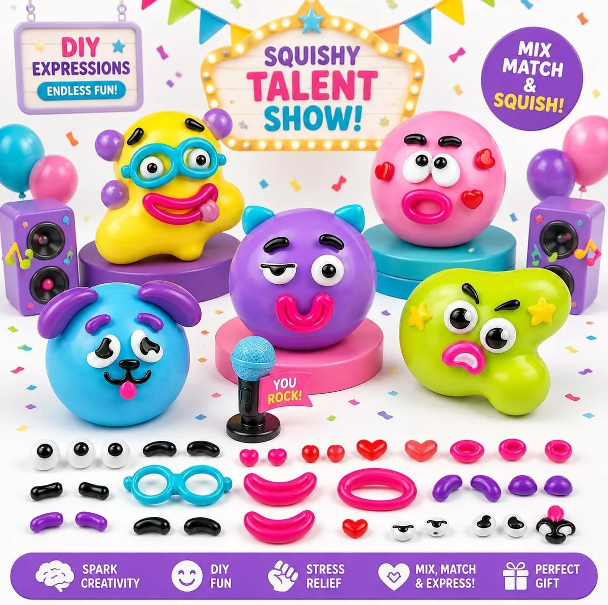 A collection of colorful moldable dog face squishy stress relief toys and DIY expressions for fun