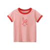 A pink short-sleeve cotton t-shirt for girls featuring a rabbit graphic and red trim.