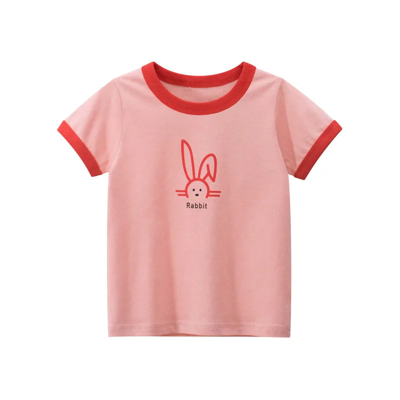 A pink short-sleeve cotton t-shirt for girls featuring a rabbit graphic and red trim.