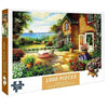 A 1000-piece jigsaw puzzle depicting a picturesque garden scene with a house and ocean view.