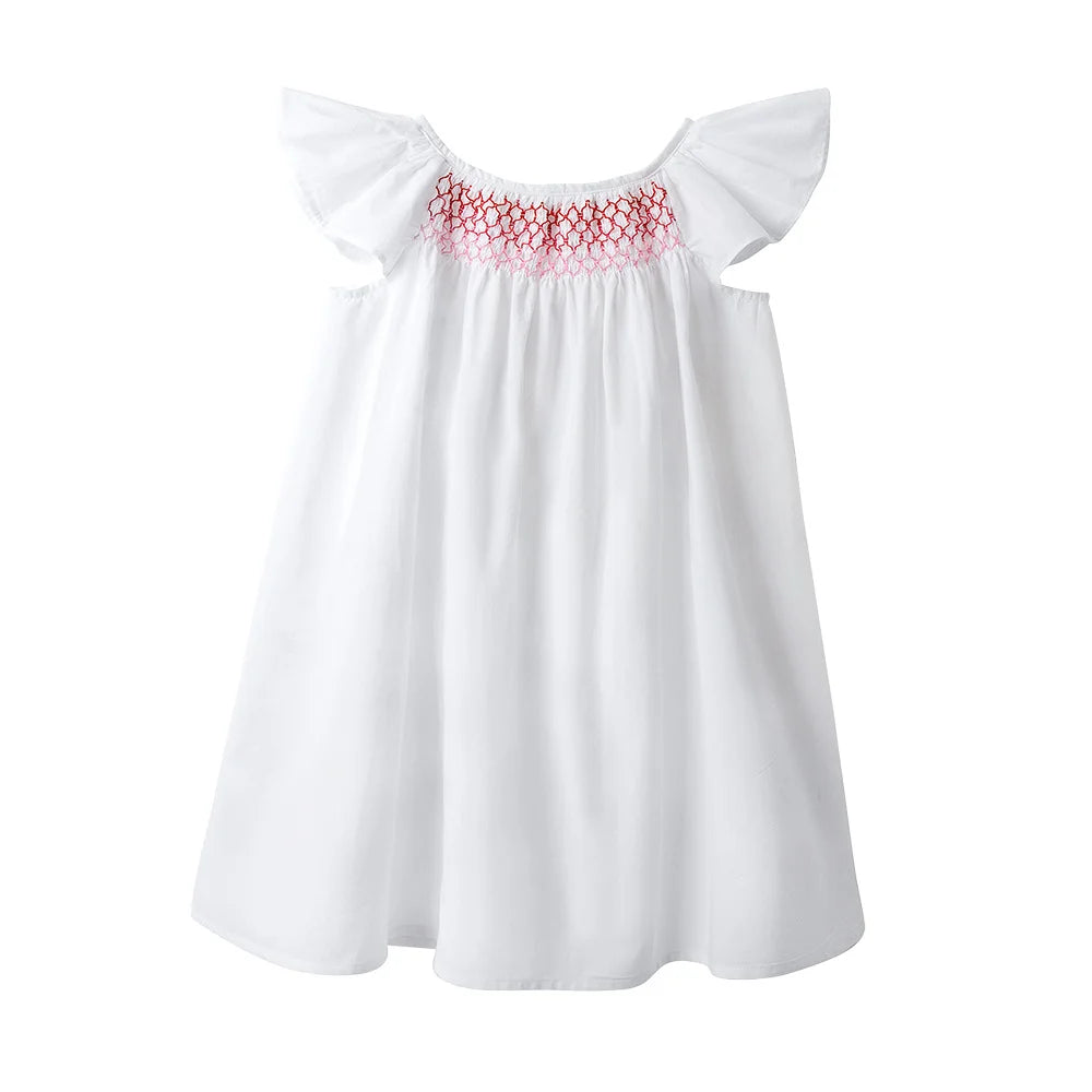 White smocked summer dress for girls featuring a floral pattern and flying sleeves