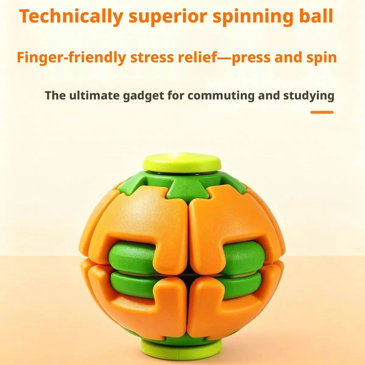 An orange and green silicone spinning ball fidget toy designed for stress relief and studying.