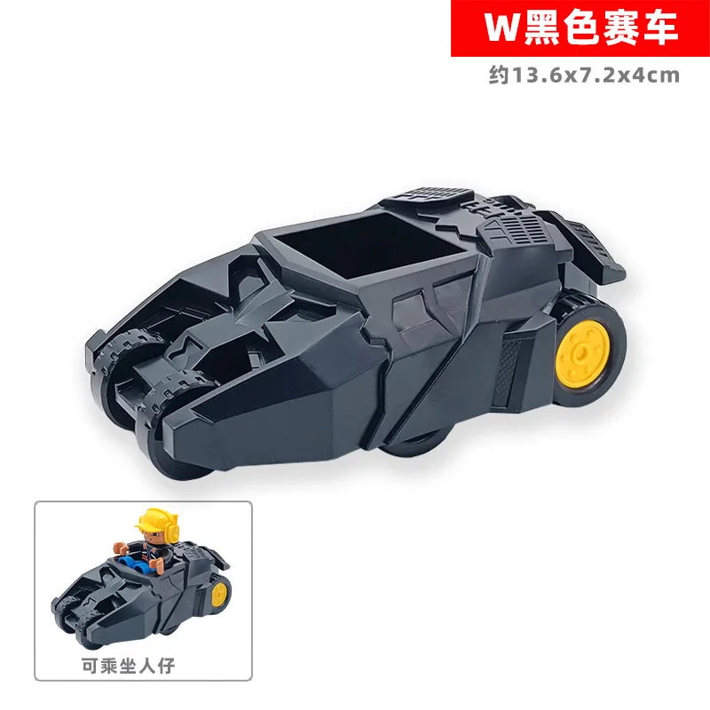 Black city traffic building block set featuring vehicles and a trailer