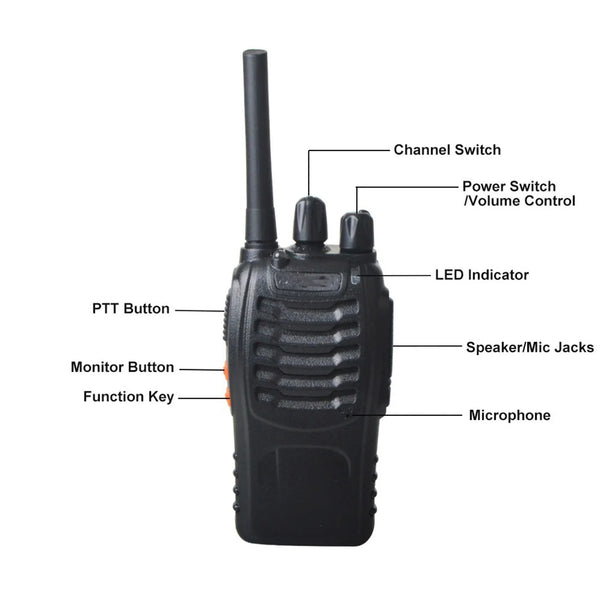 A black portable two-way walkie talkie radio with various buttons and a microphone attached.