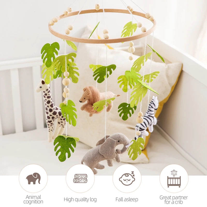 Wooden felt forest animal crib mobile featuring various animals like a giraffe, lion, zebra, and elephant