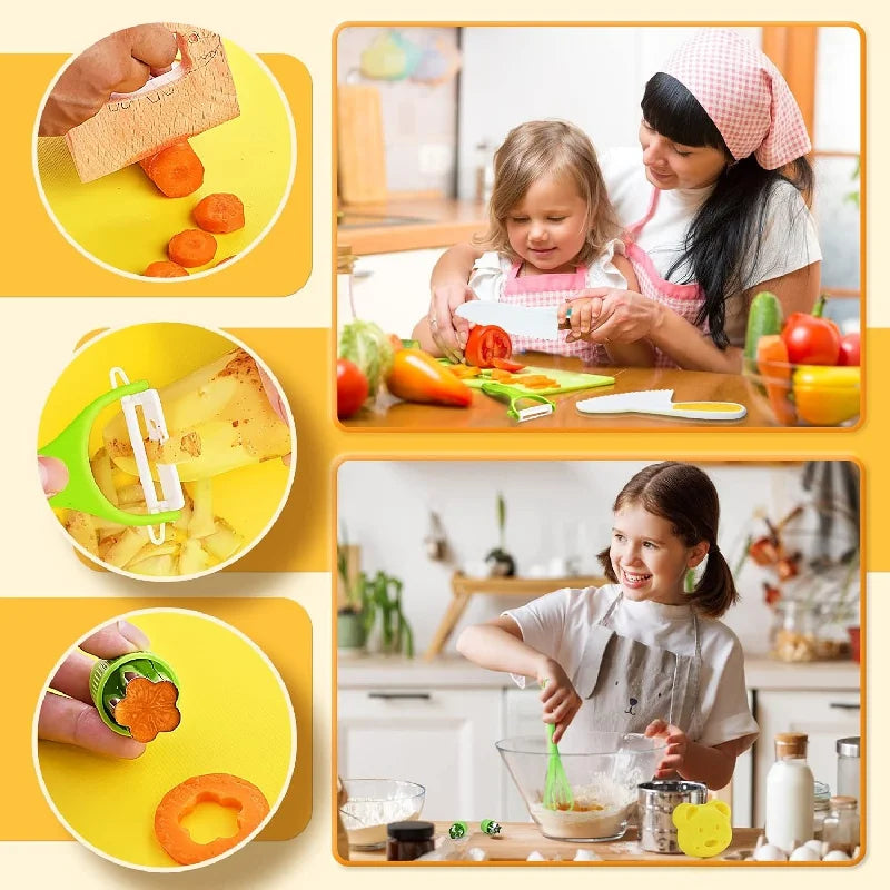 Montessori Kids Kitchen Tools Set with Safe Knives and Cutting Board