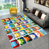 A colorful ABC alphabet cartoon kids playroom rug featuring various animal characters for educational play.