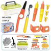 A set of cardboard construction tools including scissors, a storage box, gloves, and various tools like a screwdriver and pun