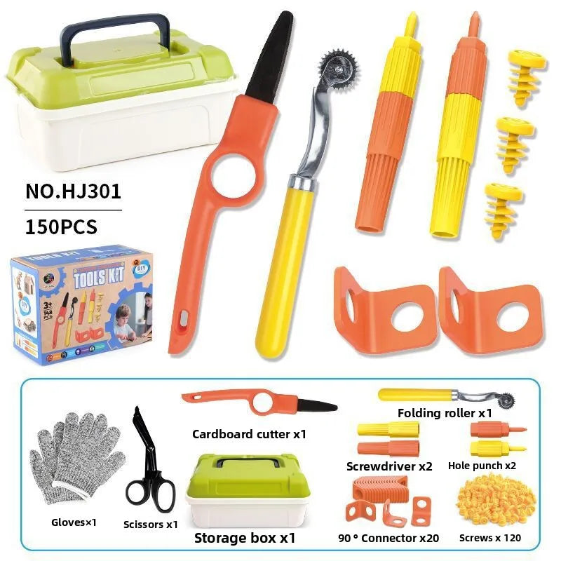 A set of cardboard construction tools including scissors, a storage box, gloves, and various tools like a screwdriver and pun