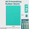 A4 printmaking rubber board with woodcut knives and a 30cm by 20cm teal block.