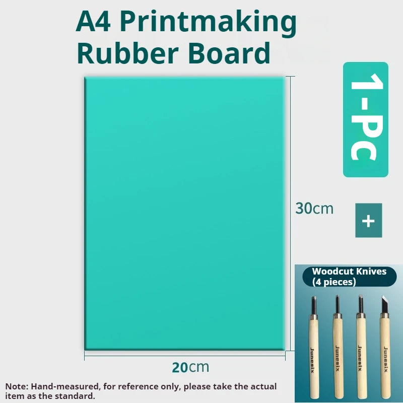 A4 printmaking rubber board with woodcut knives and a 30cm by 20cm teal block.