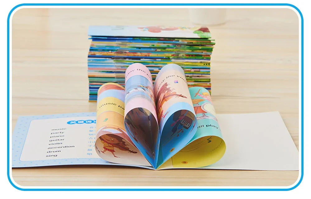 A stack of colorful pocket books for early learning, featuring various English words and pictures.