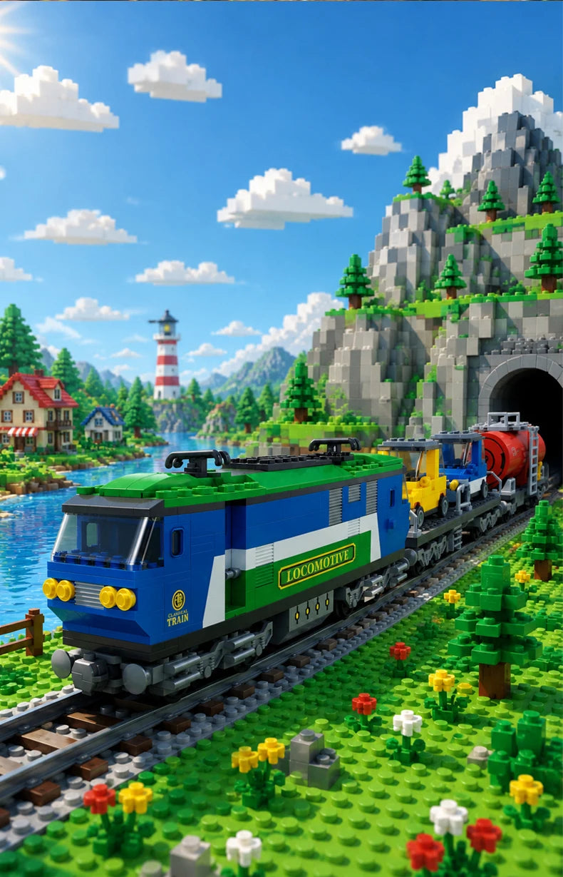 A model train locomotive in blue and green sits on a track surrounded by green landscape and trees.