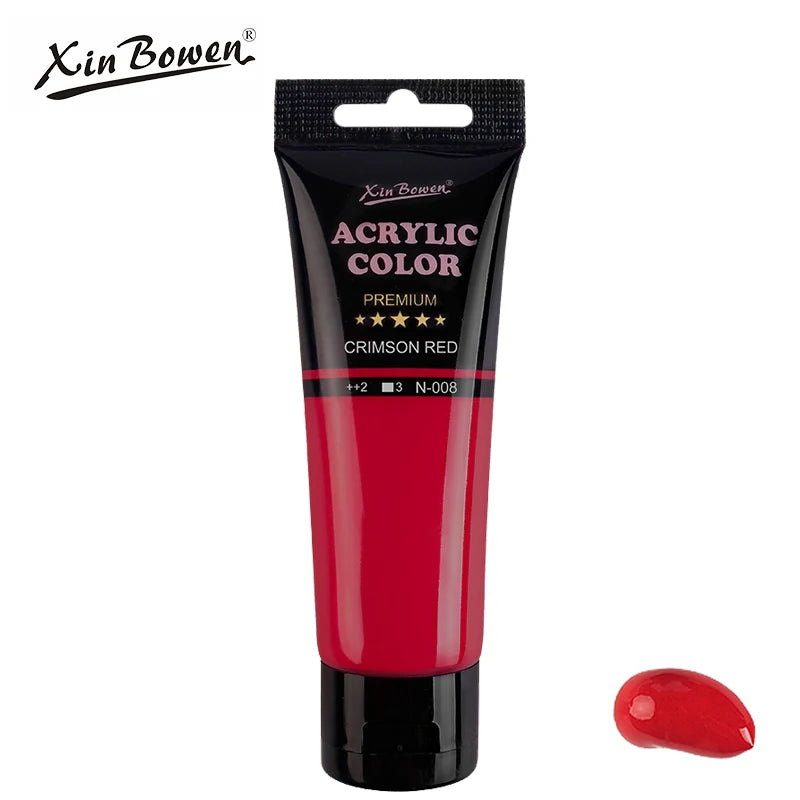 A tube of Xin Bowen Acrylic Color Crimson Red paint with a black cap and label.