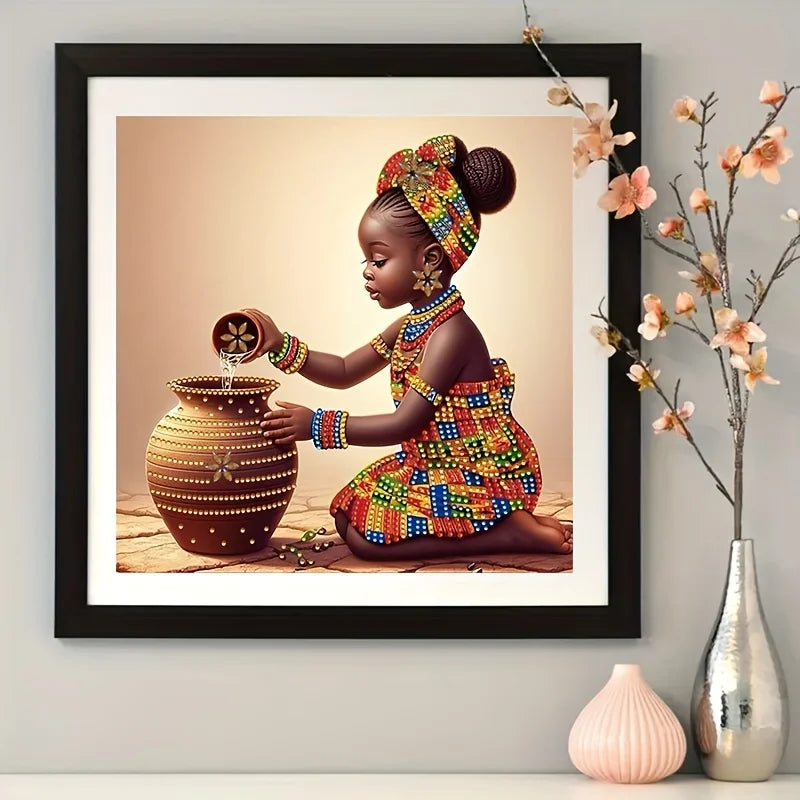 A portrait of a young African girl wearing a patterned headwrap and jewelry, holding a small ceramic jar.