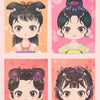 An ancient style box featuring four illustrations of a girl with dark hair and floral accessories.