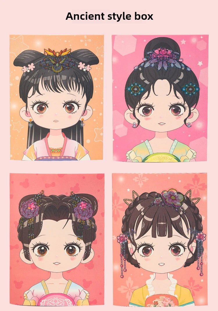An ancient style box featuring four illustrations of a girl with dark hair and floral accessories.