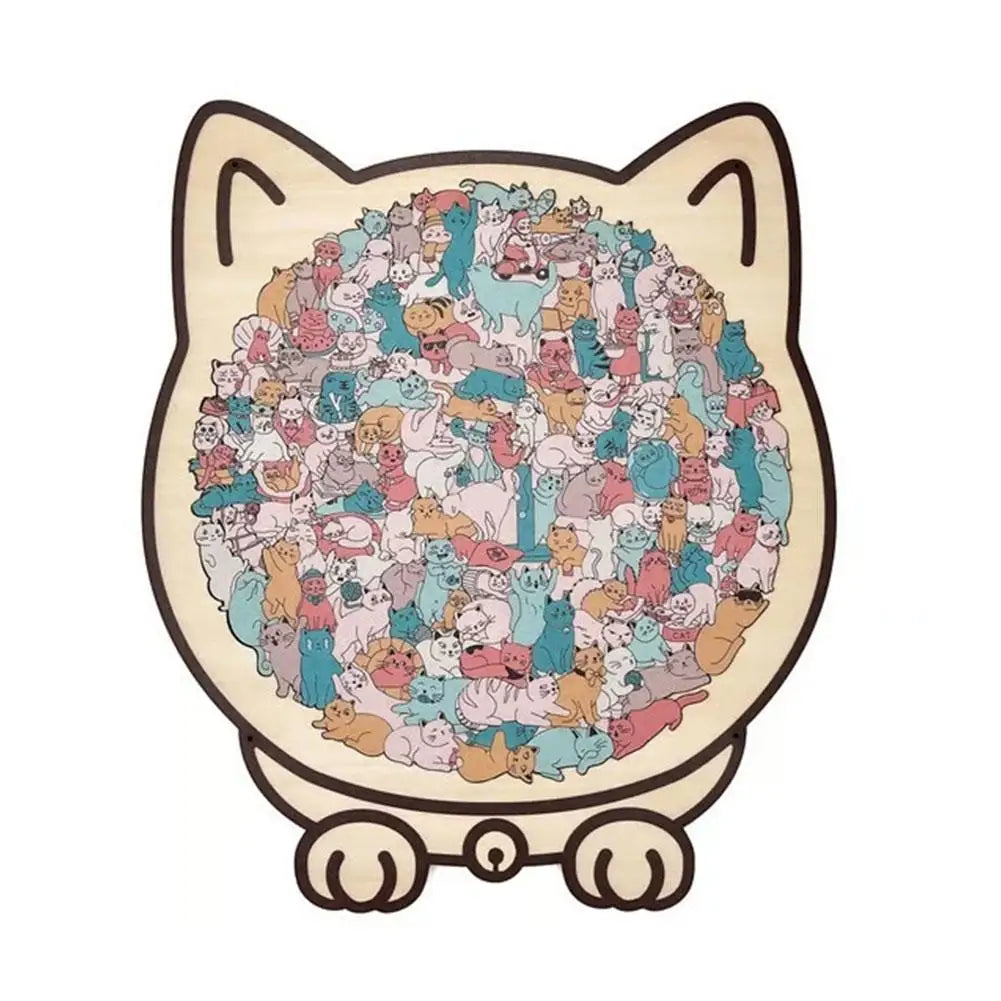 A wooden jigsaw puzzle shaped like a cat, featuring 135 unique pieces.