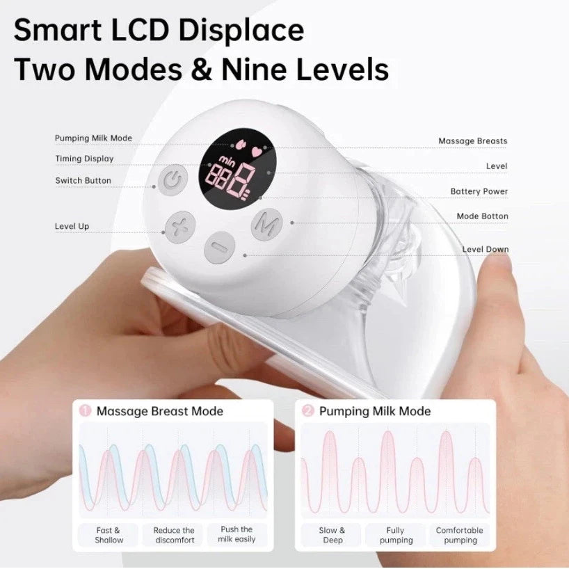 A hand holds a white smart LCD displace breast pump device showing two modes and nine levels.