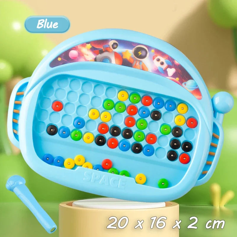 Blue magnetic drawing board for kids with colorful foam dots and space theme