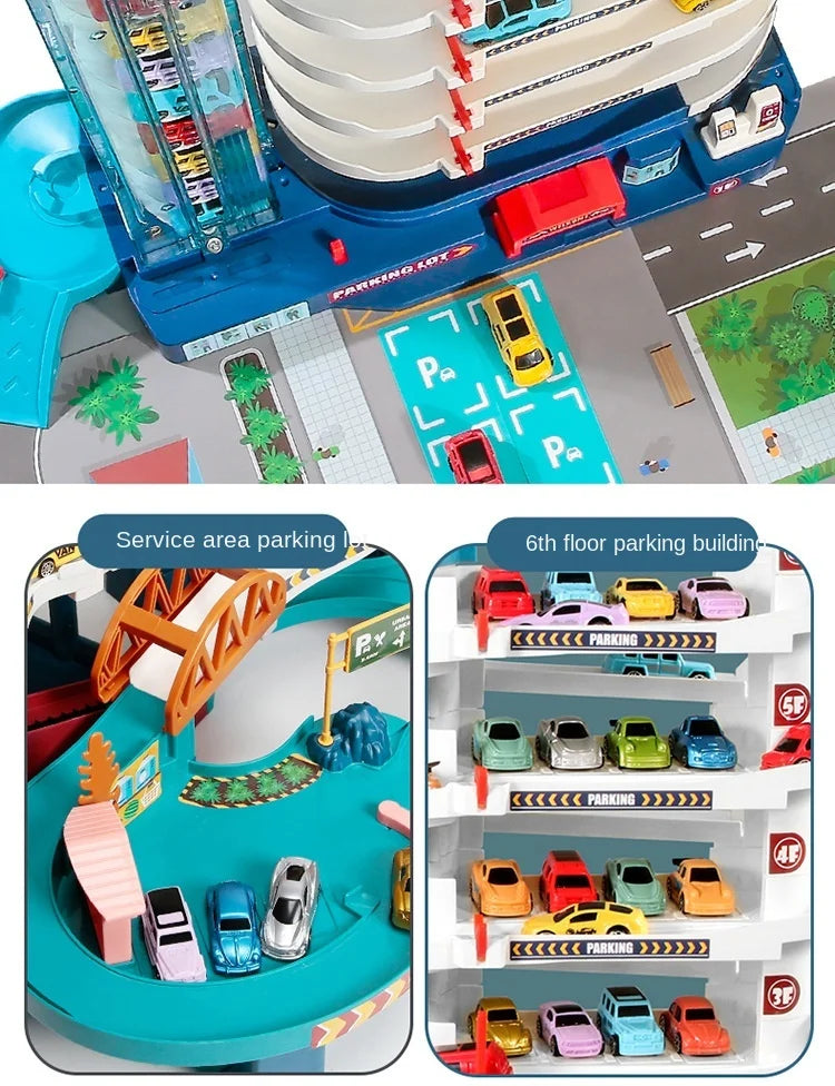 Dinosaur rail car adventure playset featuring a building and parking lot with various colored vehicles.