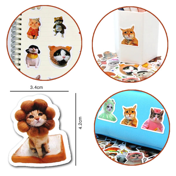 A set of funny cartoon stickers featuring various cats and animals on a white background.