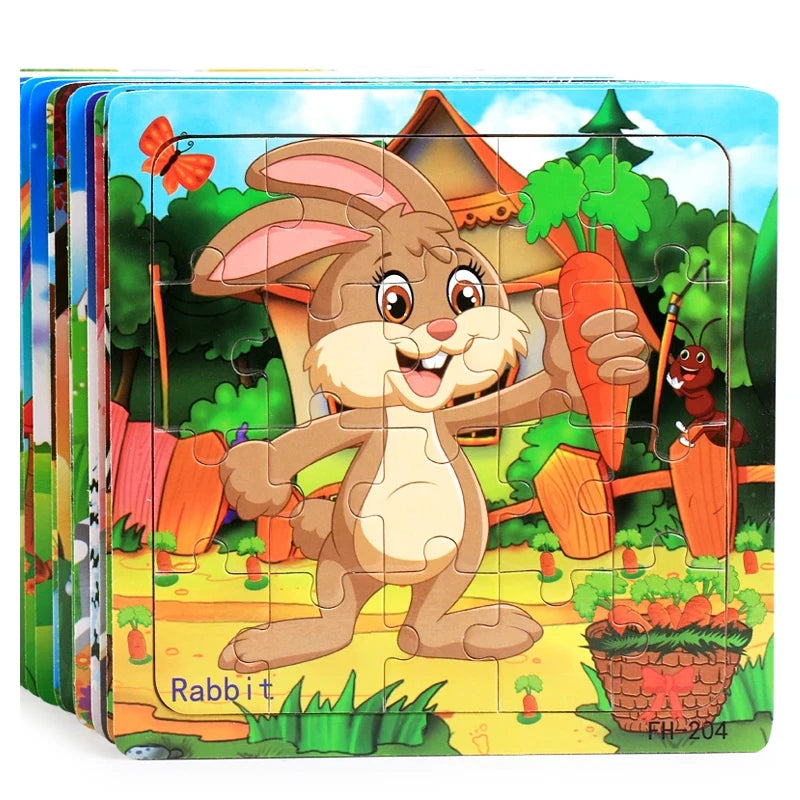 A jigsaw puzzle featuring a cartoon rabbit standing in front of a wooden house and trees.