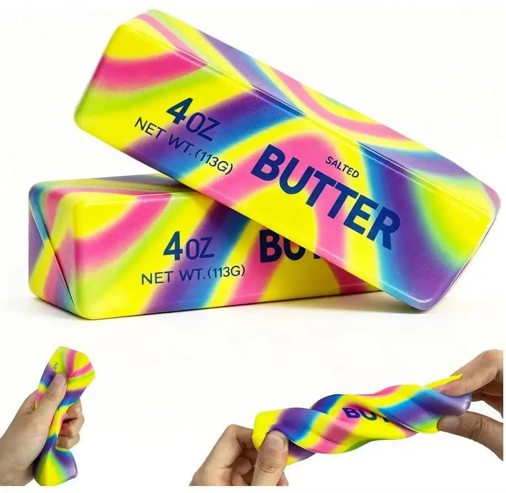 A rectangular squishy butter stick fidget toy in neon pink and yellow colors is shown alongside a flexible silicone band.