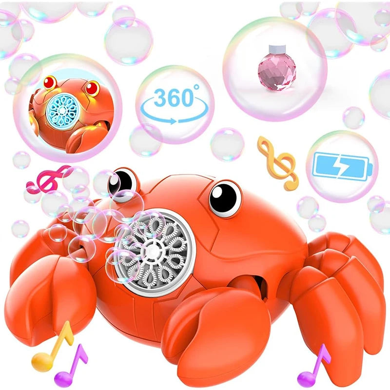 Machine à bulles de crabes orange automatique avec lumières LED et notes de musique.