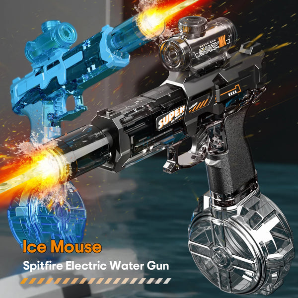 A black and blue Ice Mouse spitfire electric water gun is shown firing a stream of water in a dynamic action shot.