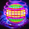 A vibrant, glowing sphere with concentric rings of light in neon colors floats against a dark background.