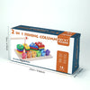 A box of a 2 in 1 fishing column wooden puzzle game featuring colorful geometric shape blocks for preschool learning.