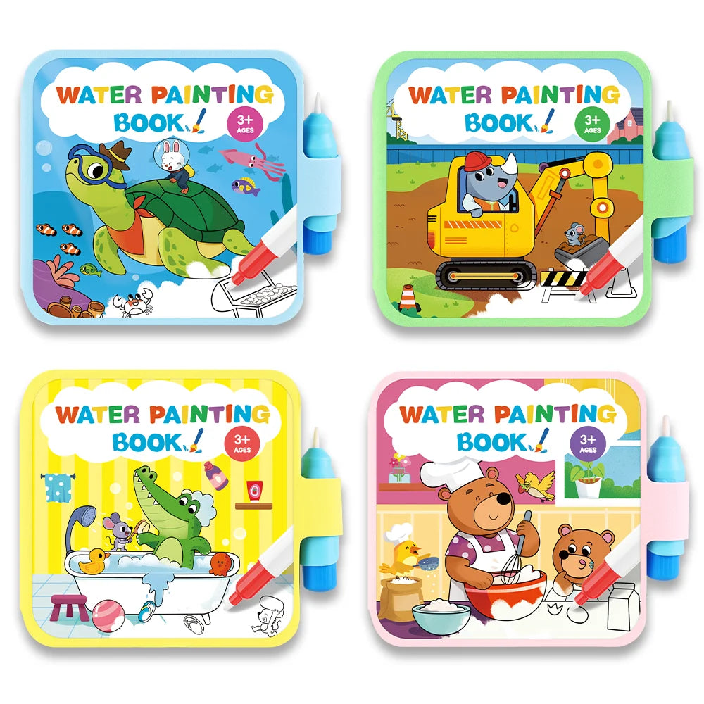 Four watercolor painting books for kids featuring animals and scenes like a dinosaur, a cat, a frog, and a bear.