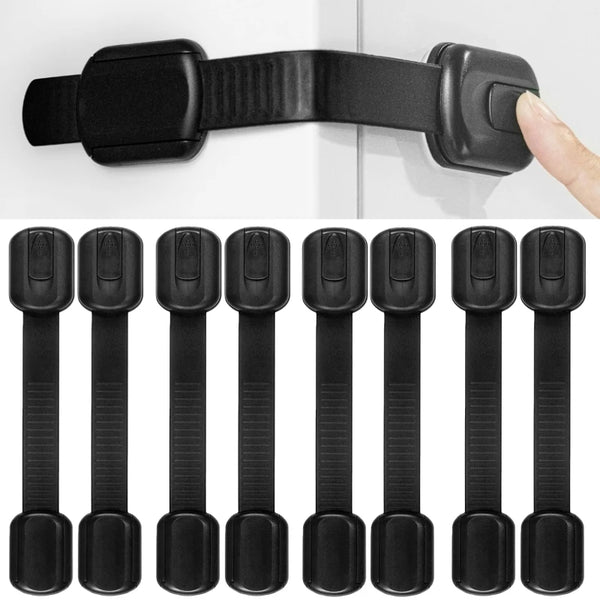 A set of black universal adhesive safety locks for home and kitchen, shown in various vertical orientations.