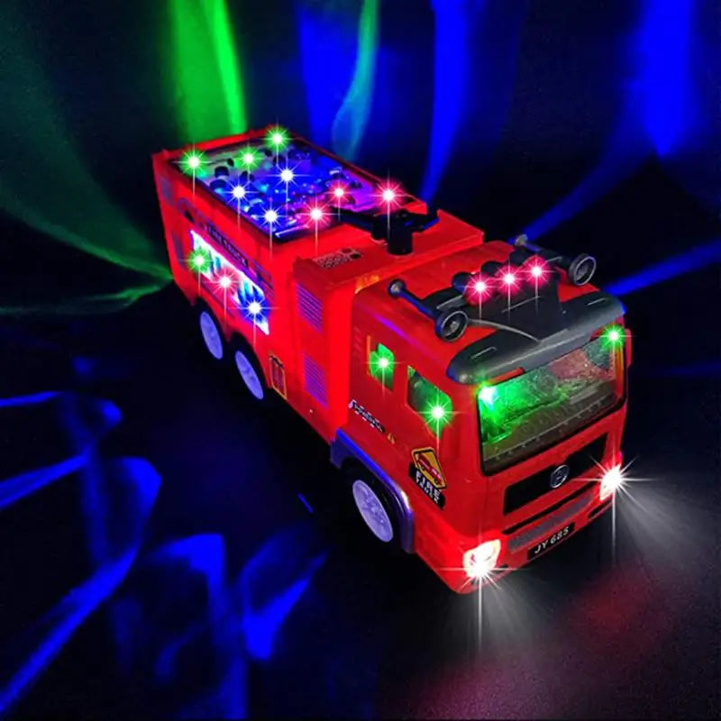 A red electric fire truck with flashing lights and siren effects is shown against a dark blue background.