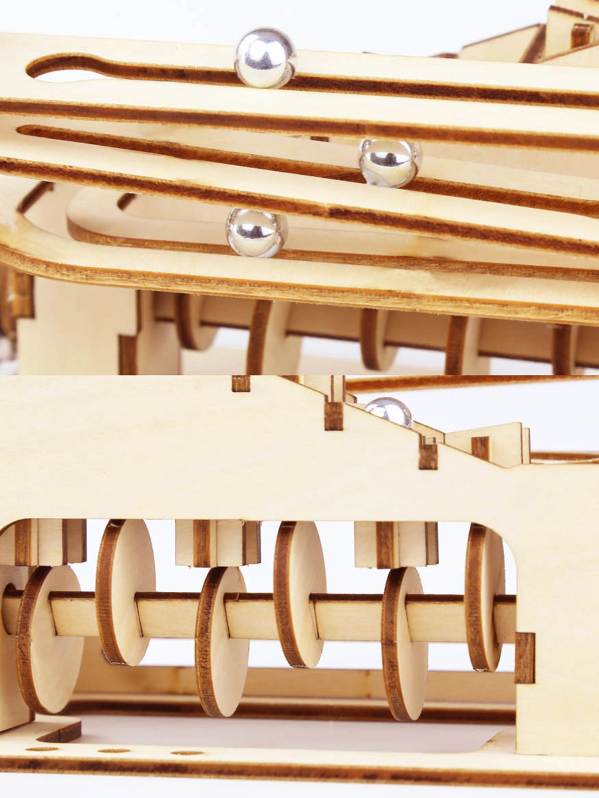 Close-up of a wooden spiral marble run DIY puzzle kit showing multiple levels and wooden components.