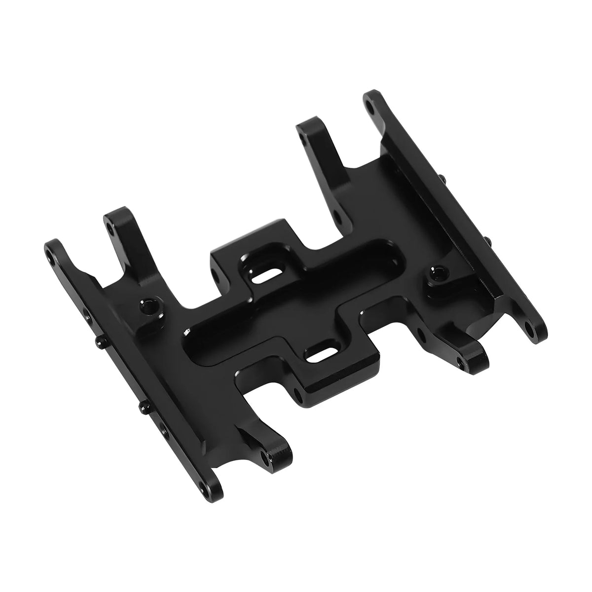 Black CNC aluminum skid plate designed for a 1/24 RC crawler.