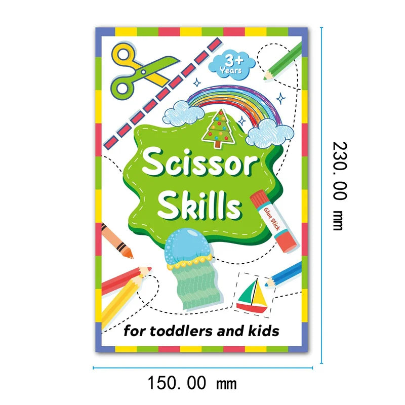 Buntes Lernbuch für Kleinkinder und Kinder, das das Schneidtraining mit verschiedenen Schnitteinrichtungen lehrt.