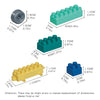 A set of colorful educational stacking blocks in green, blue, and yellow, shown with various dimensions.