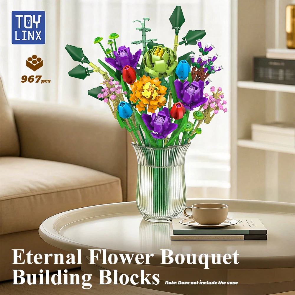 A bouquet of colorful flowers made from building blocks displayed in a glass vase on a table.