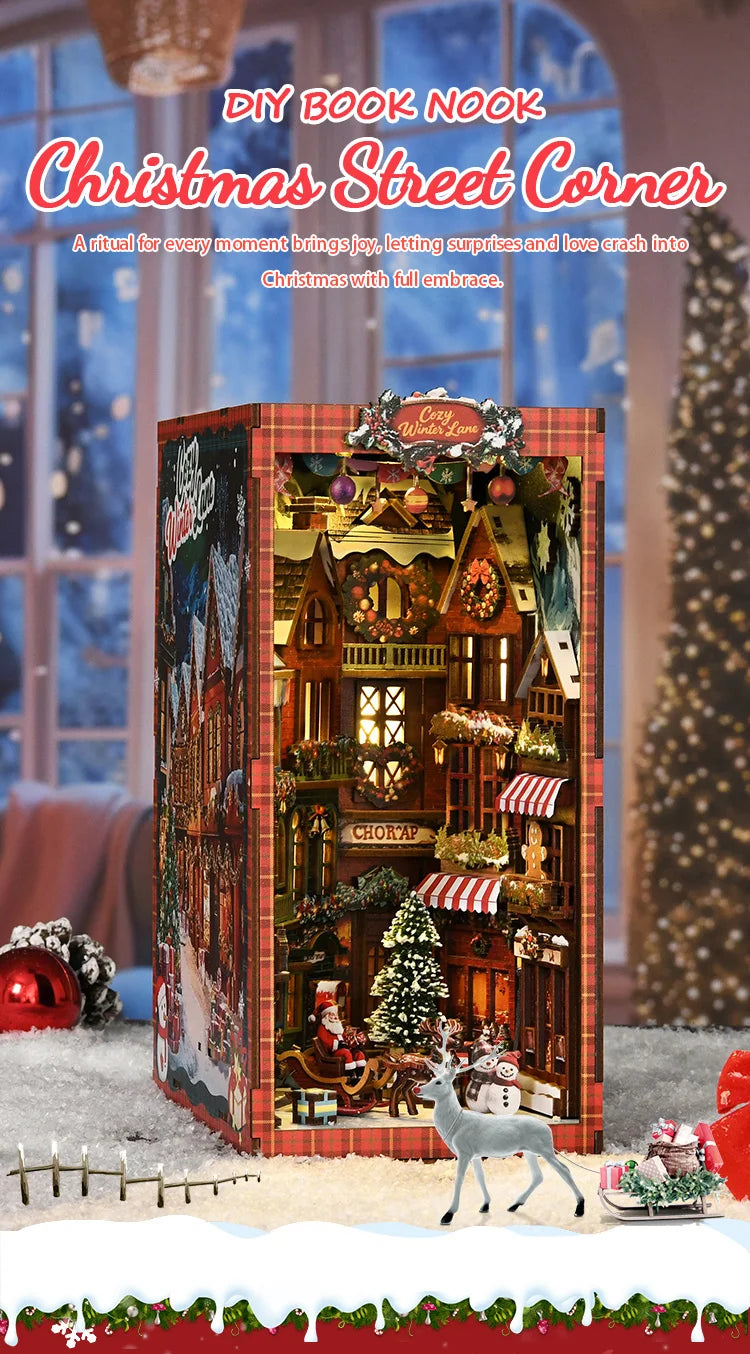 A DIY wooden book nook kit depicting a Christmas street corner scene with miniature buildings and festive decorations.