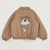 A beige padded jacket for kids featuring a graphic print of a parachute with the word leviter.