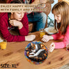A wooden jigsaw puzzle shaped like a cat is placed on a wooden table with family enjoying moments.